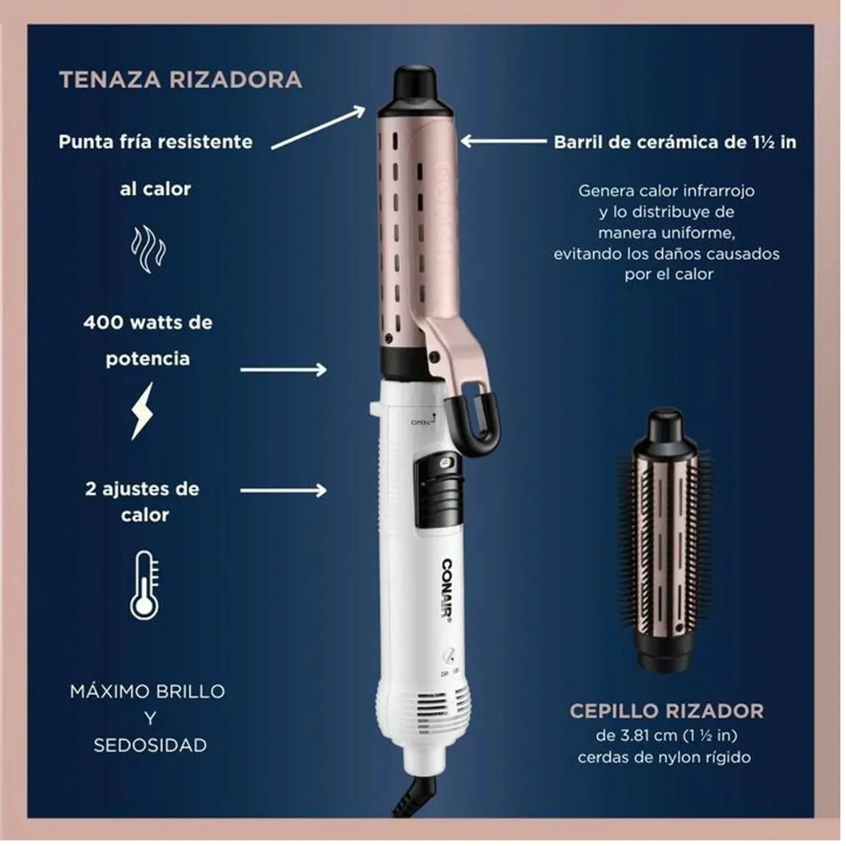 Cepillo de Aire Caliente y Tenaza Rizadora 2 en 1 Conair CD160CES Combos de máquinas para el cabello y la barba
